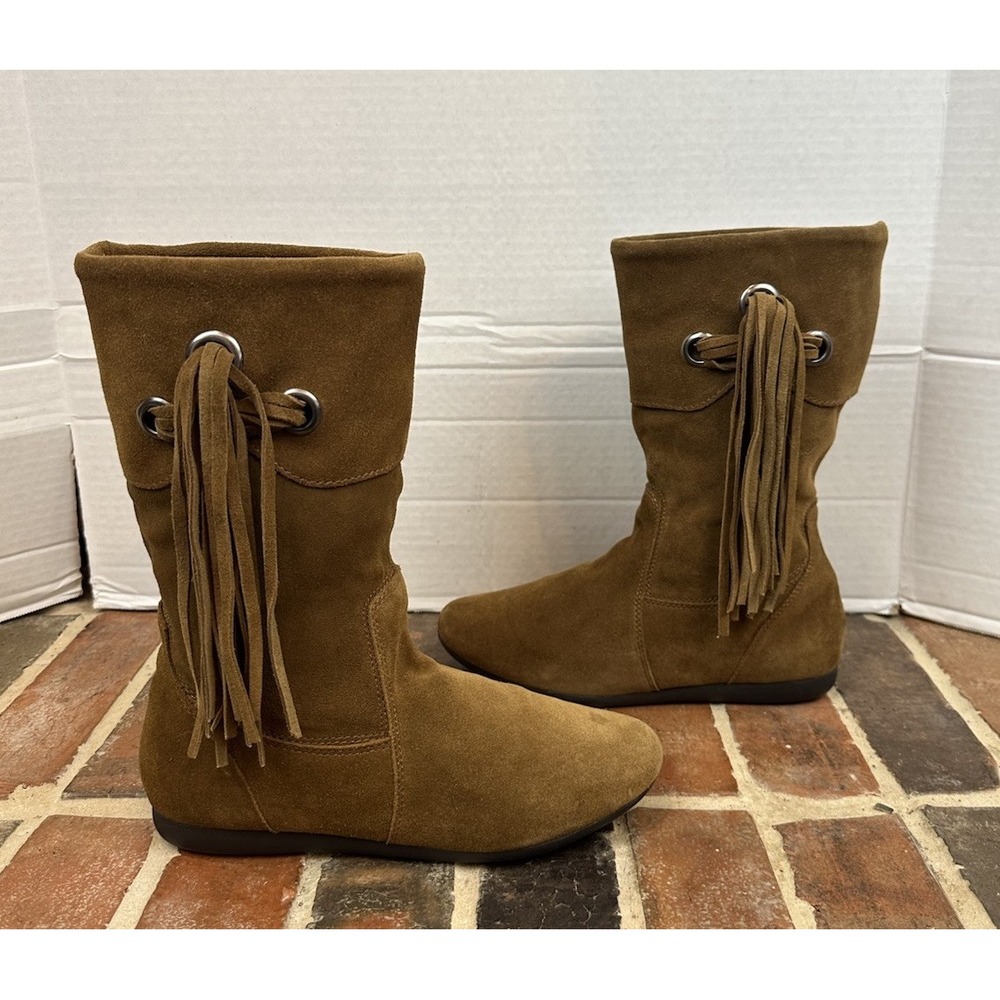 White Mountain Brown Suede Boots Moccasins Fringe Tassel Mid-Calf Cuff Women's 8